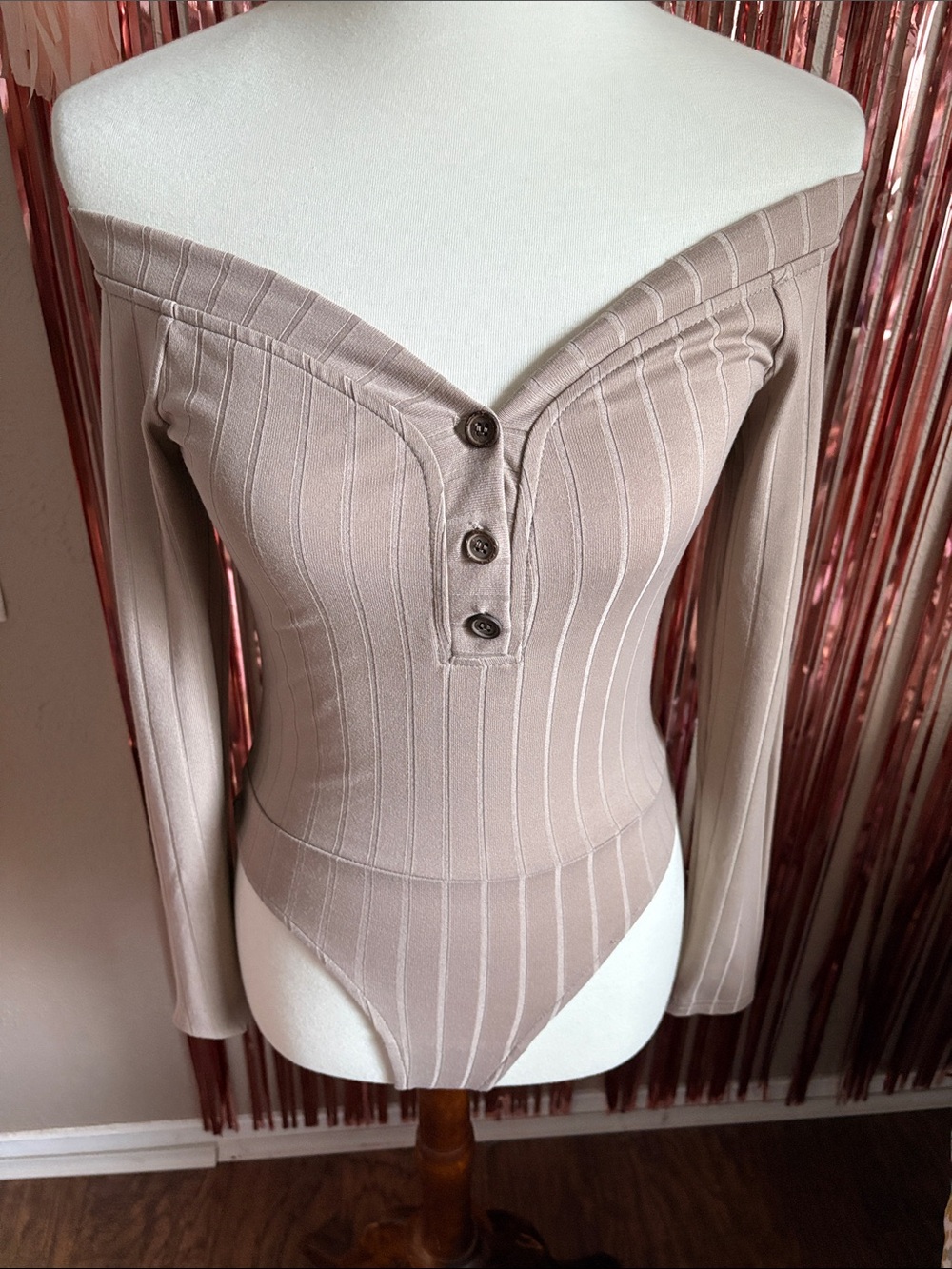 Off-Shoulder Long Sleeve Ribbed Thong Bodysuit in Taupe